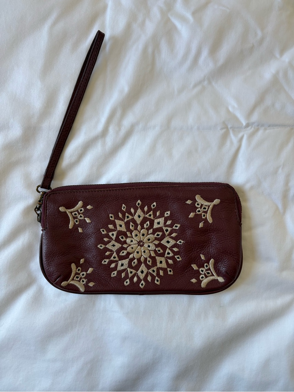 Lucky Brand Embroidered Burgundy Leather Wristlet Clutch